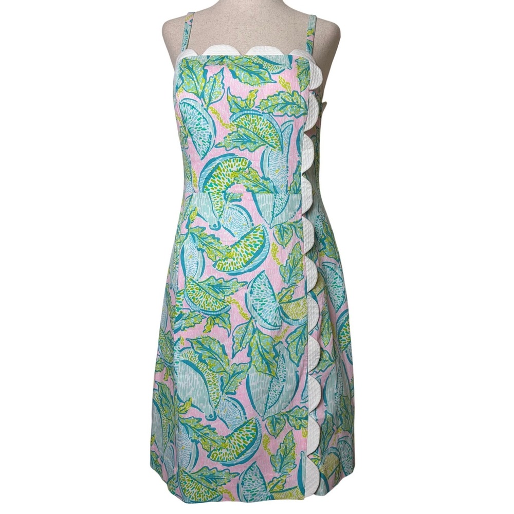 Lilly Pulitzer Women Pink Green Citrus Scallop Trim Smocked Shift Dress Size 4